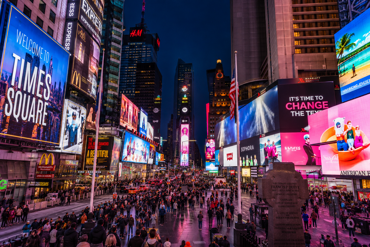 Crowds and illuminated billboards in Times Square at night in New York City, one of the world's most famous tourist destinations.