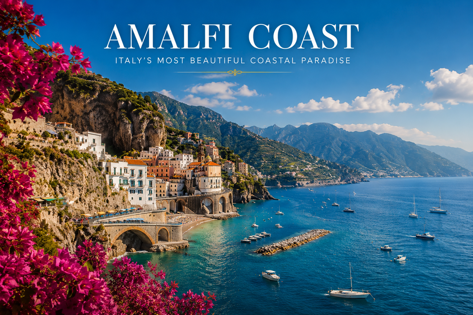 Panoramic view of the Amalfi Coast in Italy featuring colorful cliffside villages, turquoise Mediterranean waters, and dramatic coastal mountains.