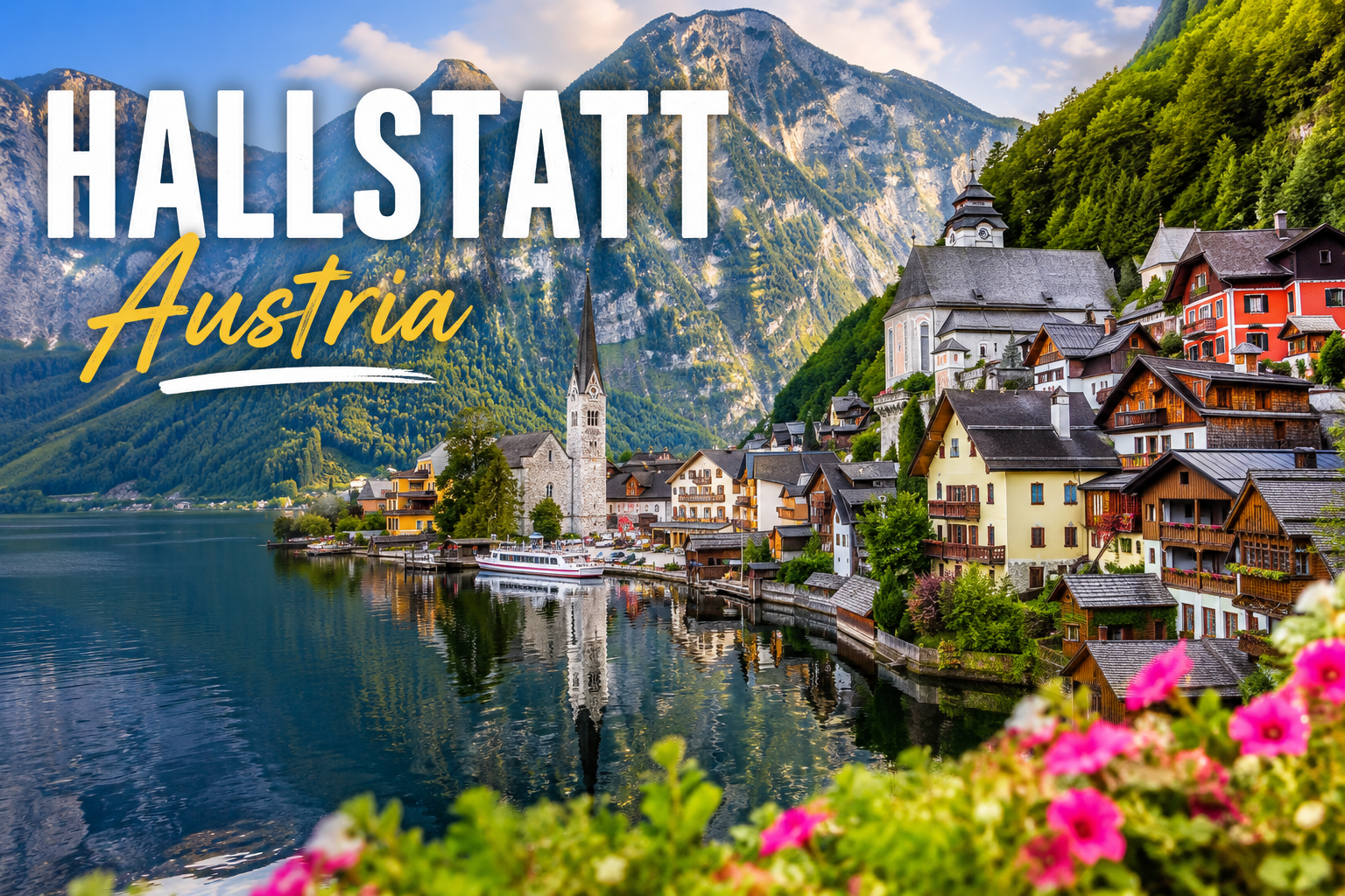 Hallstatt Austria lakeside village with colorful homes, mountain views, and Lake Hallstatt in the Austrian Alps
